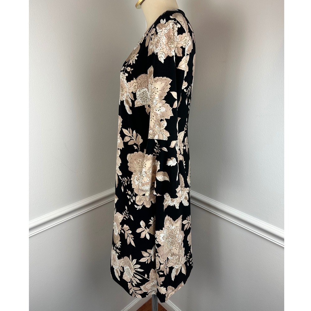 TOMMY HILFIGER Black & Beige Floral Lightweight Shift Dress 3/4 Bell Sleeves | 8 - Picture 5 of 11